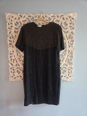 Moonlite Vintage 100% Silk Beaded Black Gold Midi Dress 2X